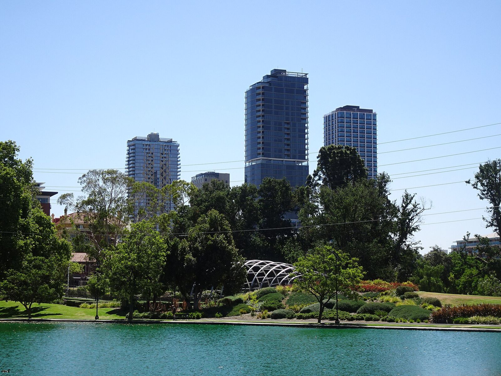 Photo of the Adelaide city skyline seen across the parklands.