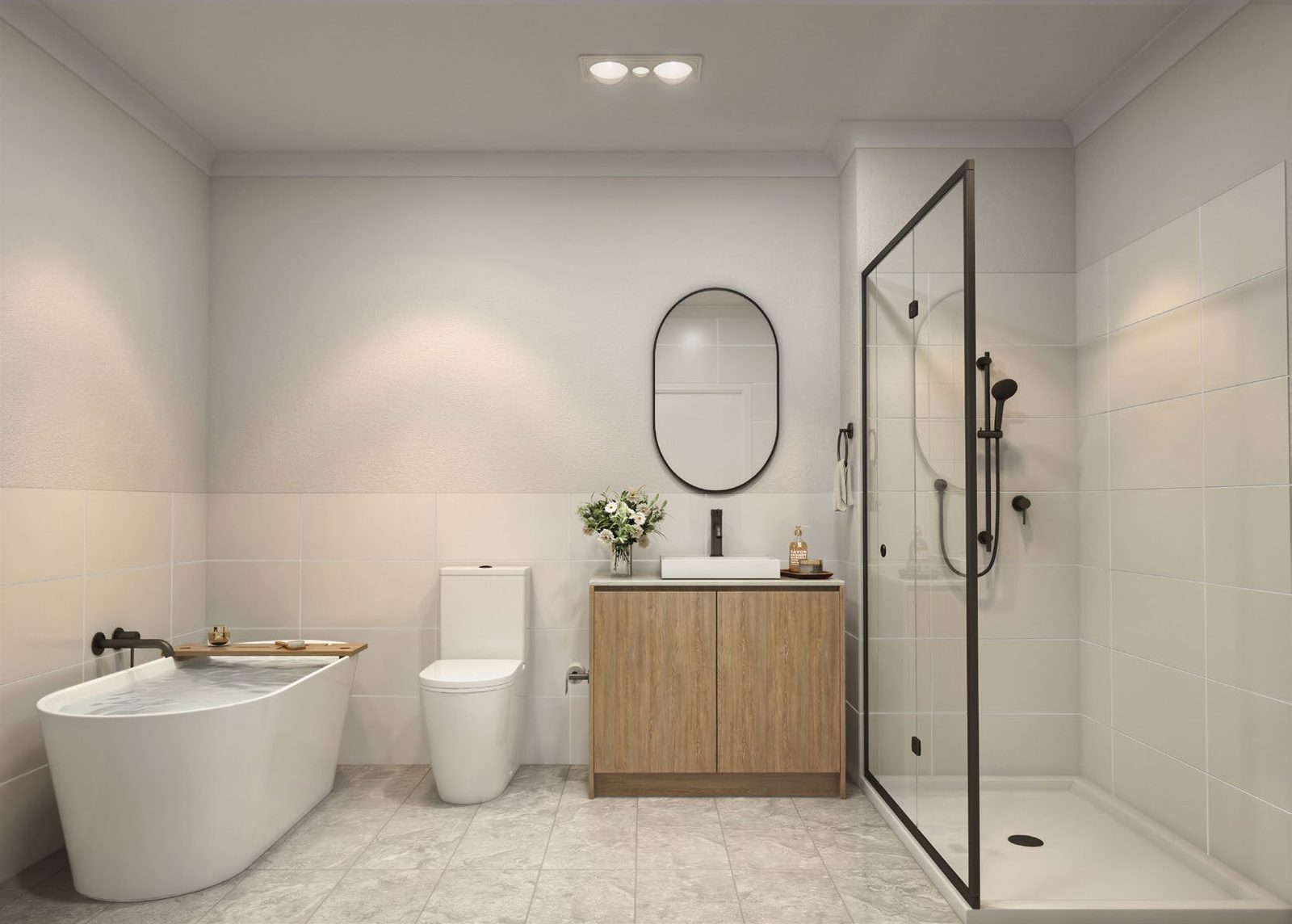 Artist impression of the upstairs bathroom, with freestanding bath, separate shower and timber-look vanity.