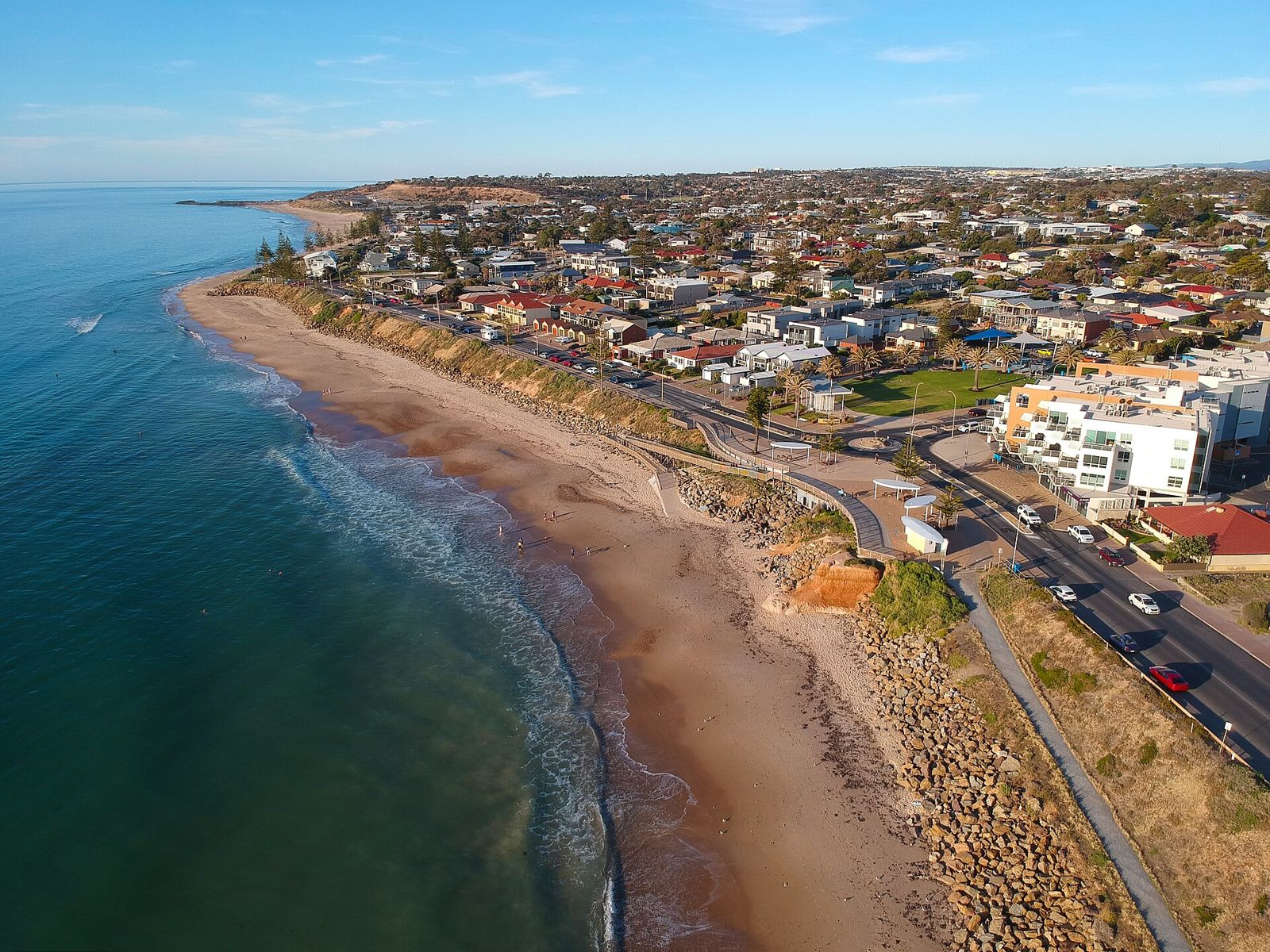 Aerial photo of the Christies Beach coastline and the suburb behind it.