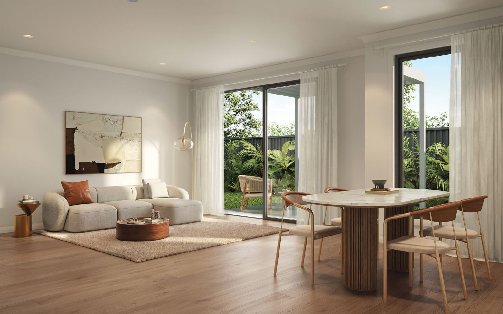 Artist impression of the open-plan living and dining area, opening to the rear pergola.